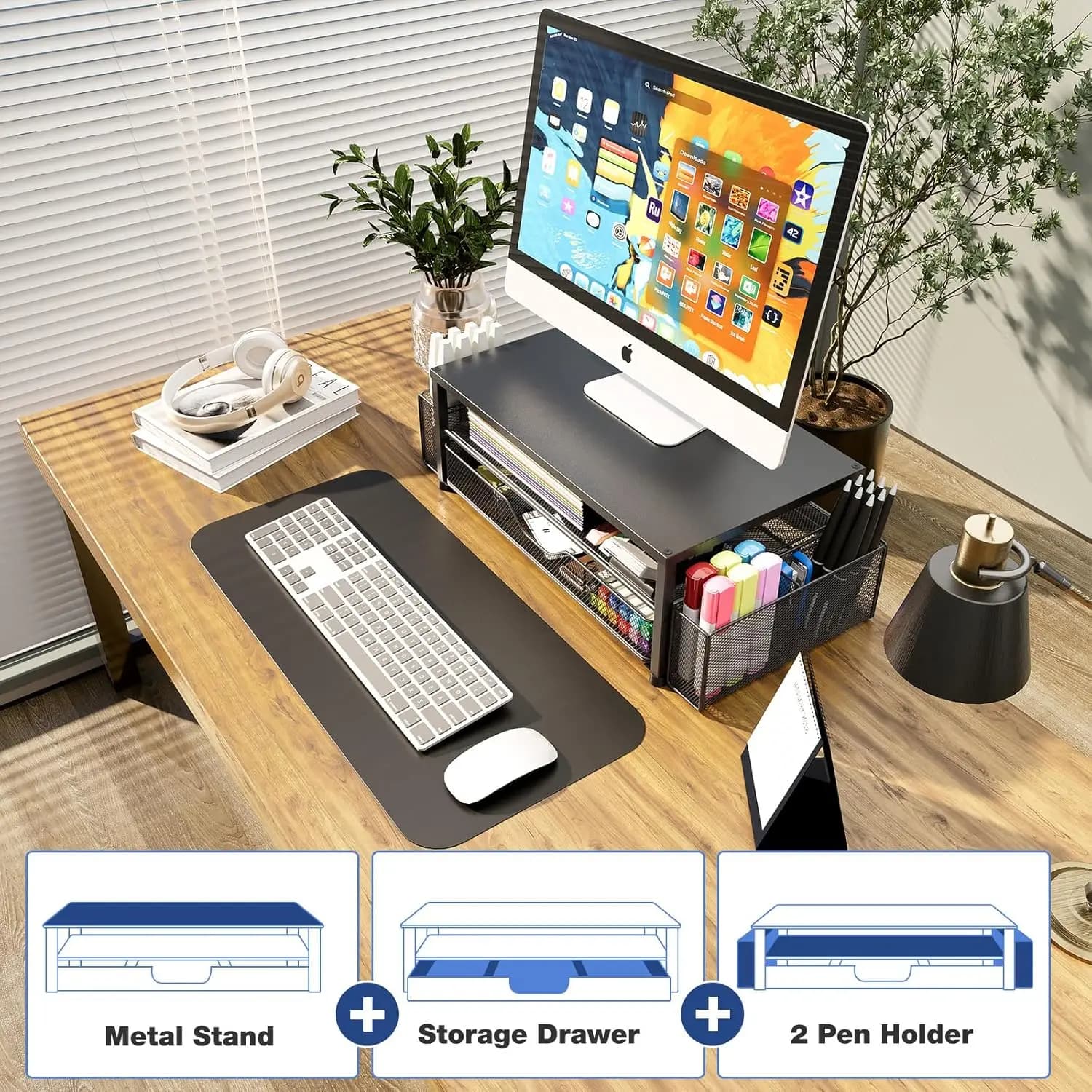 2-Tier Monitor Stand with Drawer and Pen Holders