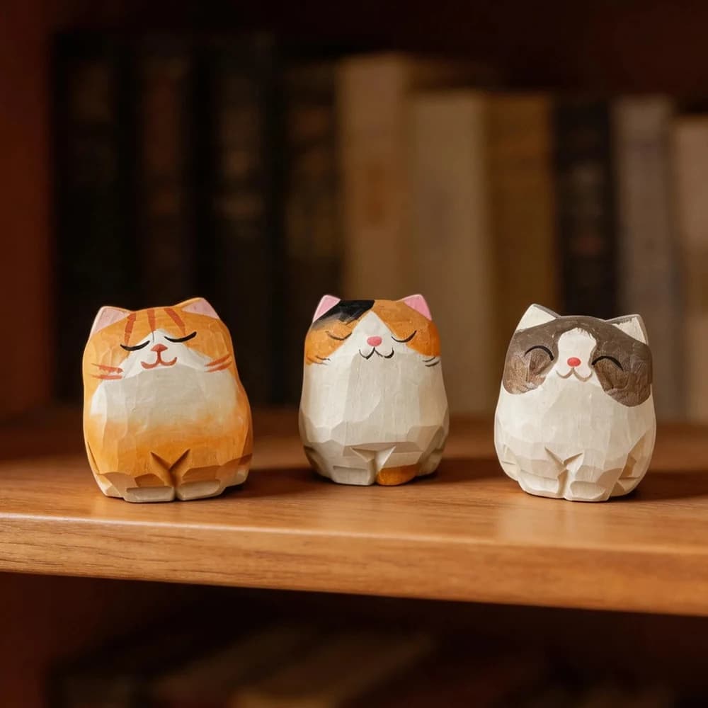Hand Carved Wooden Cat Figurines Cute Kitten Statue with Mini Bench Home Orange Calico Cat Ragdoll Cat Desktop Ornament Gift
