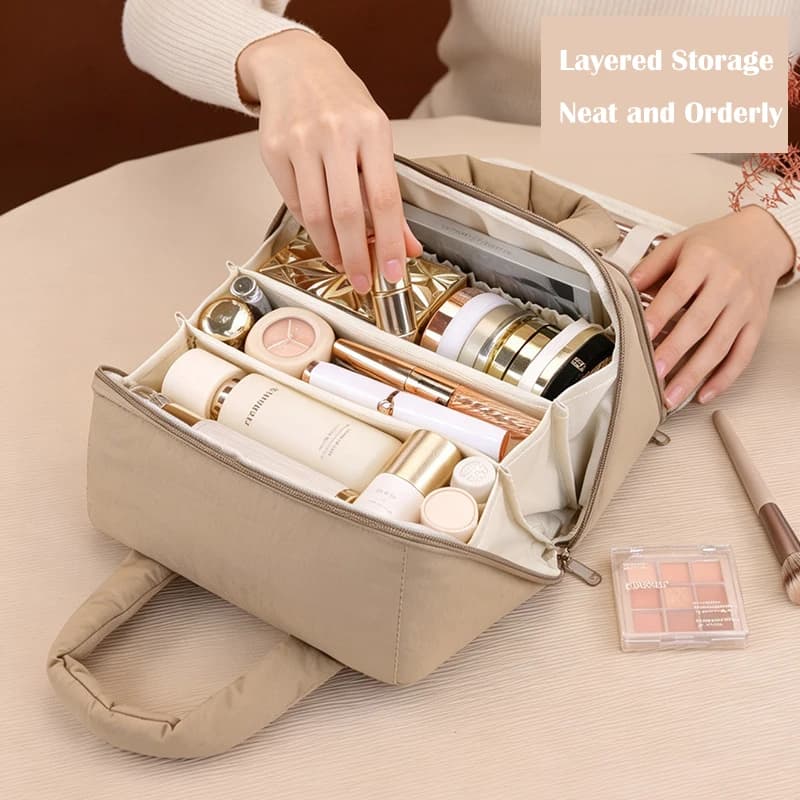 Toiletry Bag with Divider and HandleLarge Capacity Wide-Open Makeup Organizer Zipper Closure New Design Cute Travel Cosmetic Bag