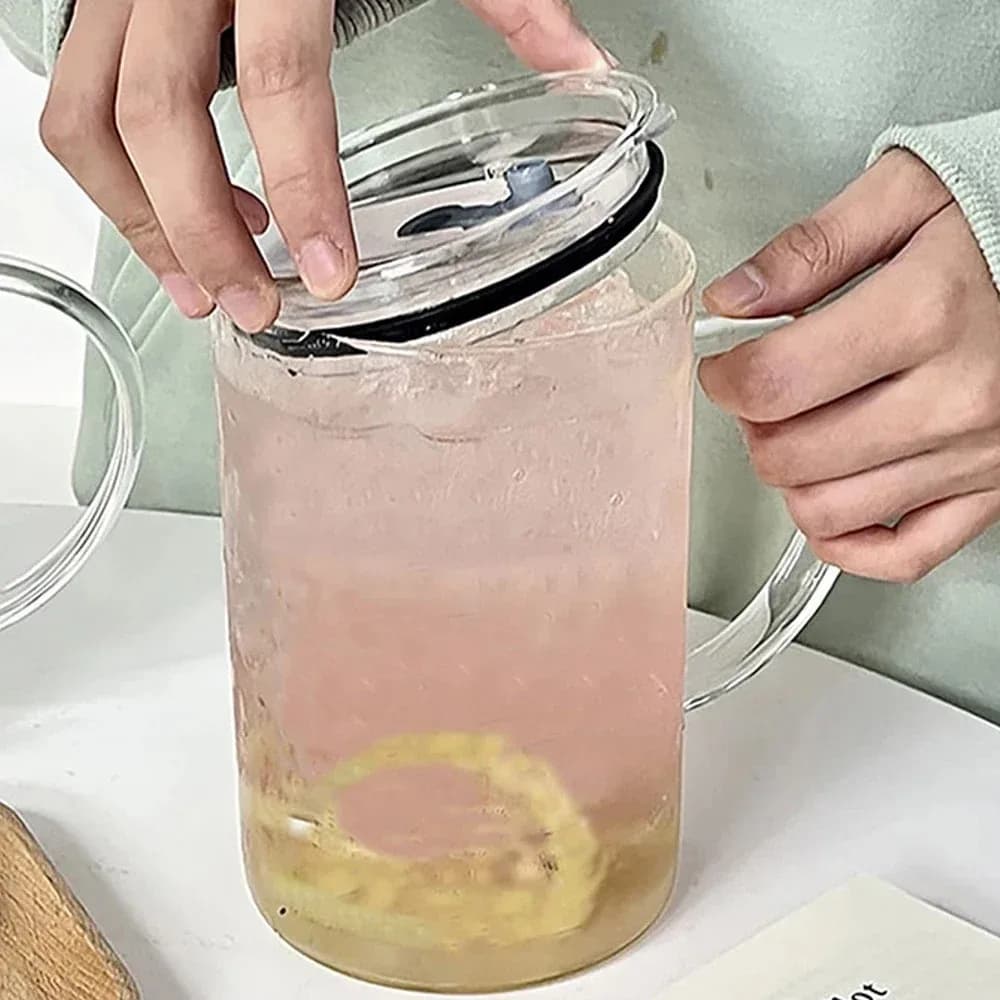 1L Glass Drinking Cup with Lid and Straw