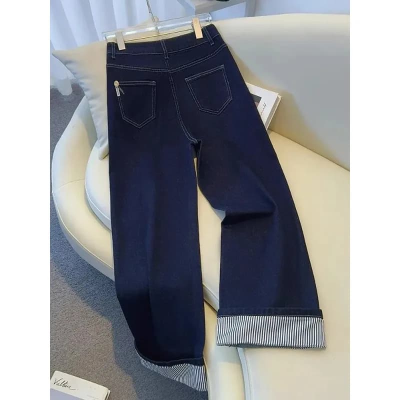 Women's Straight Leg Denim Jeans with Striped Cuff