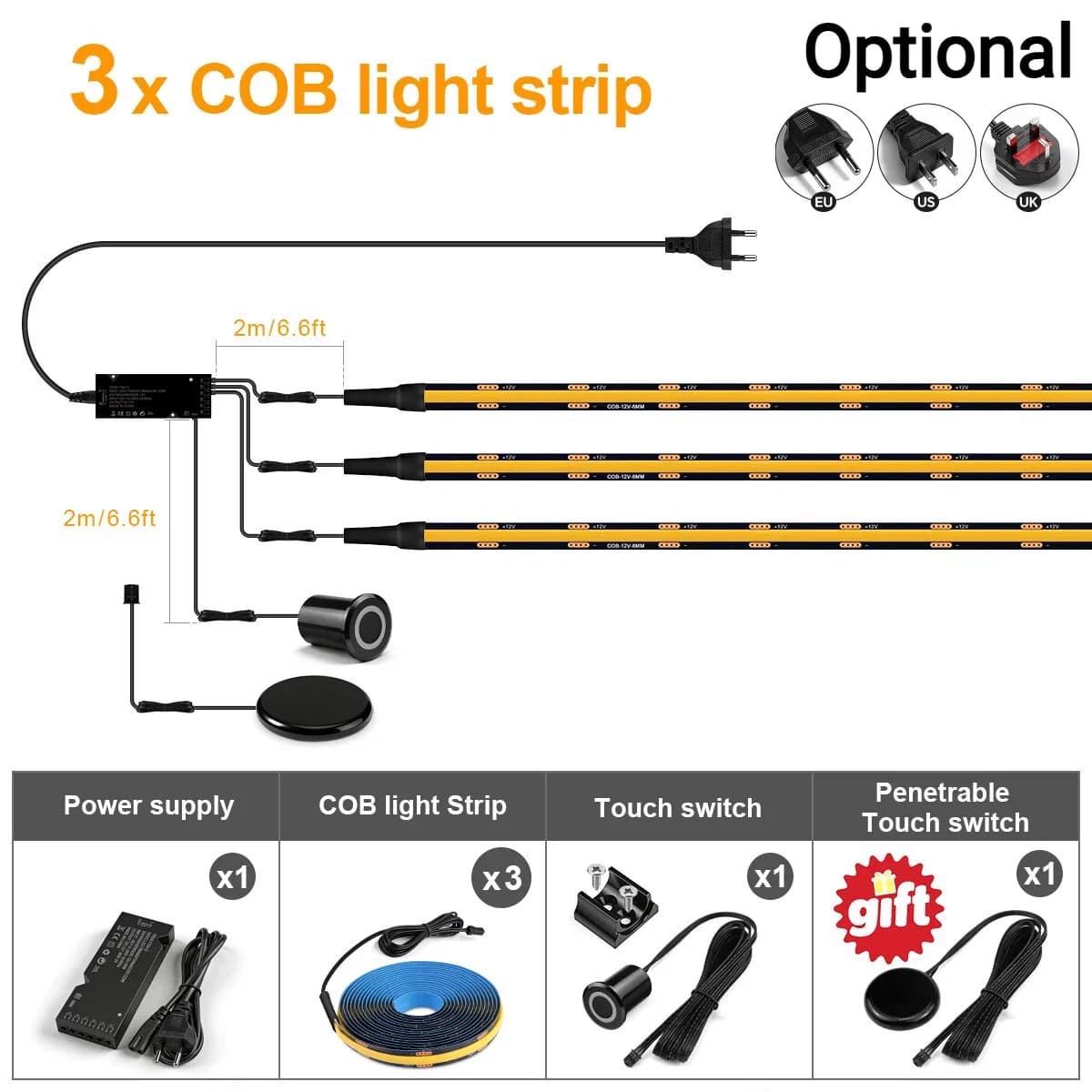 LED Strip Light Kit 2-10 PCS Linkage Lighting EU US UK Black PCB Board With Embedded Touch Switch & Touch/Hand Scan Panel Switch