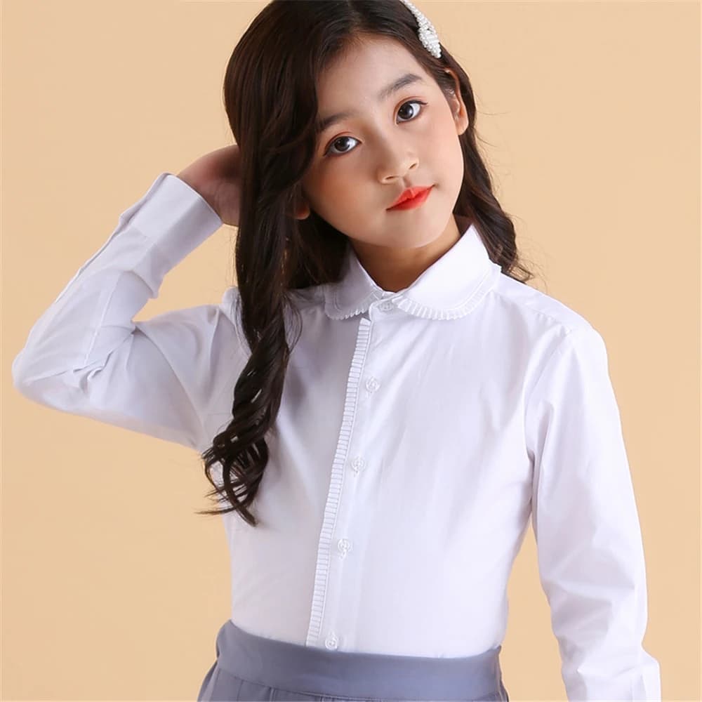 Girls White Long Sleeve School Uniform Cotton Blouse