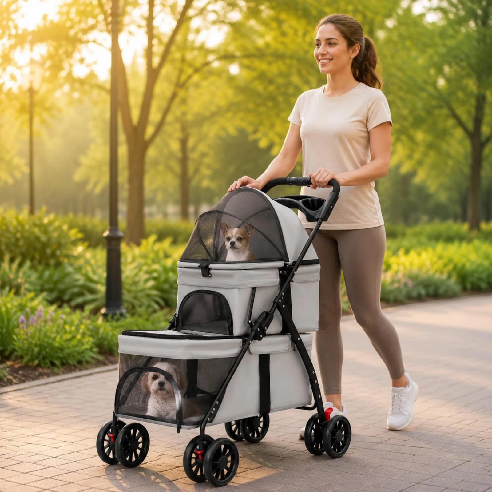 Double-Deck Pet Stroller Lightweight Small Dog Feline Stroller Pet Transport Breathable Mesh Washable for Outdoor, Travel