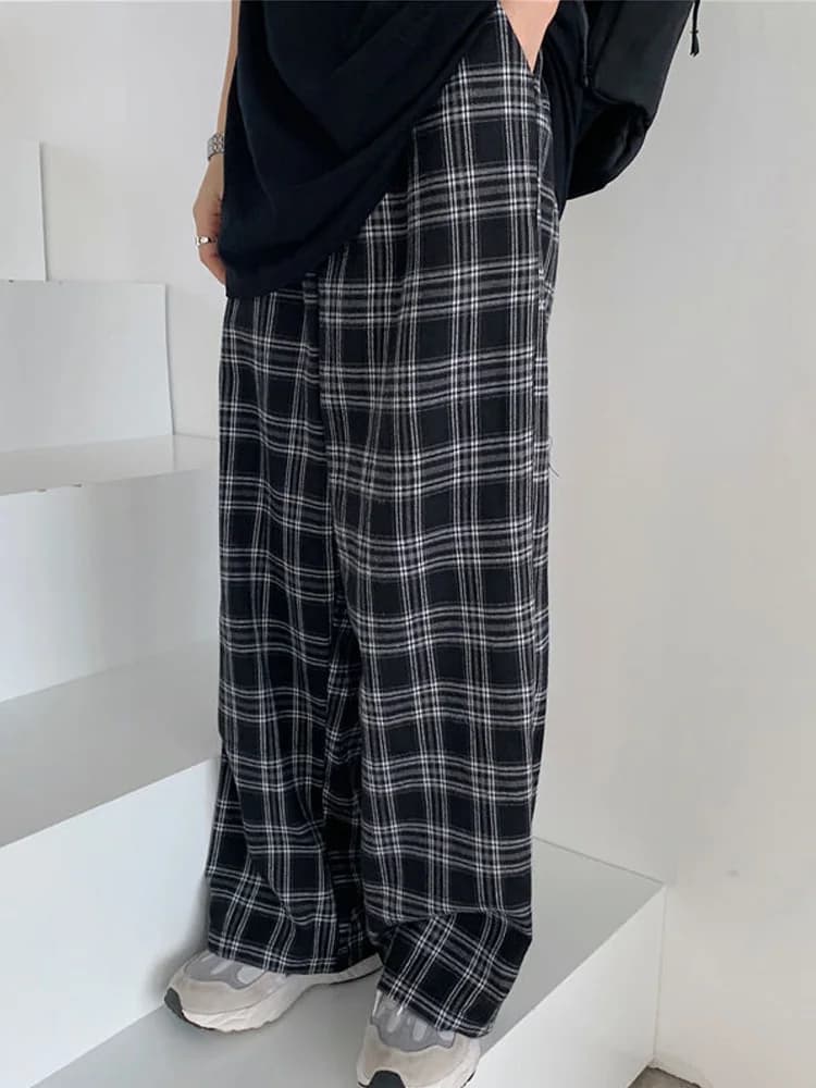 Black Plaid Wide-Leg Casual Pants