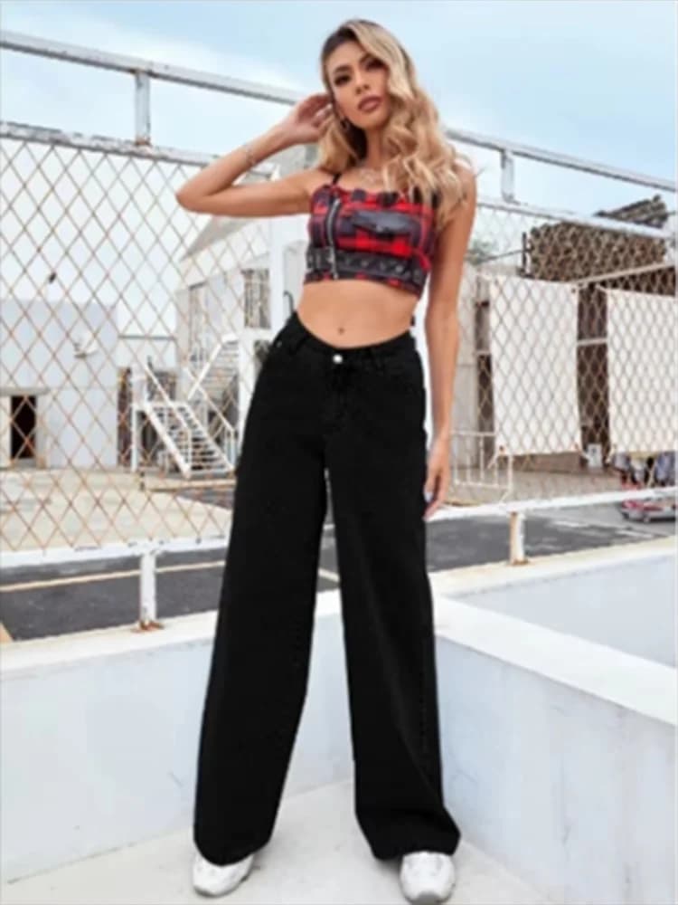 Black High-Waisted Straight Leg Jeans Women's