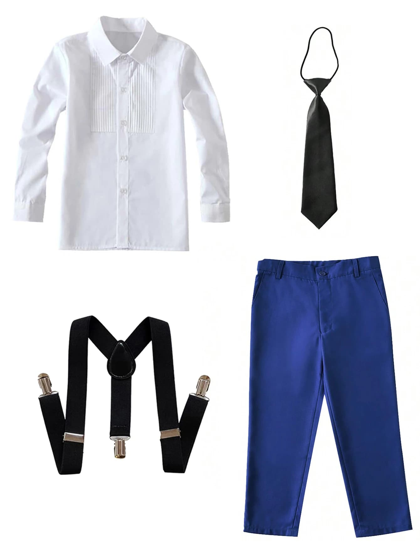 4pcs/set Boys' Suit Set With  Shirt , Pants  Tie And Straps School Uniforms
