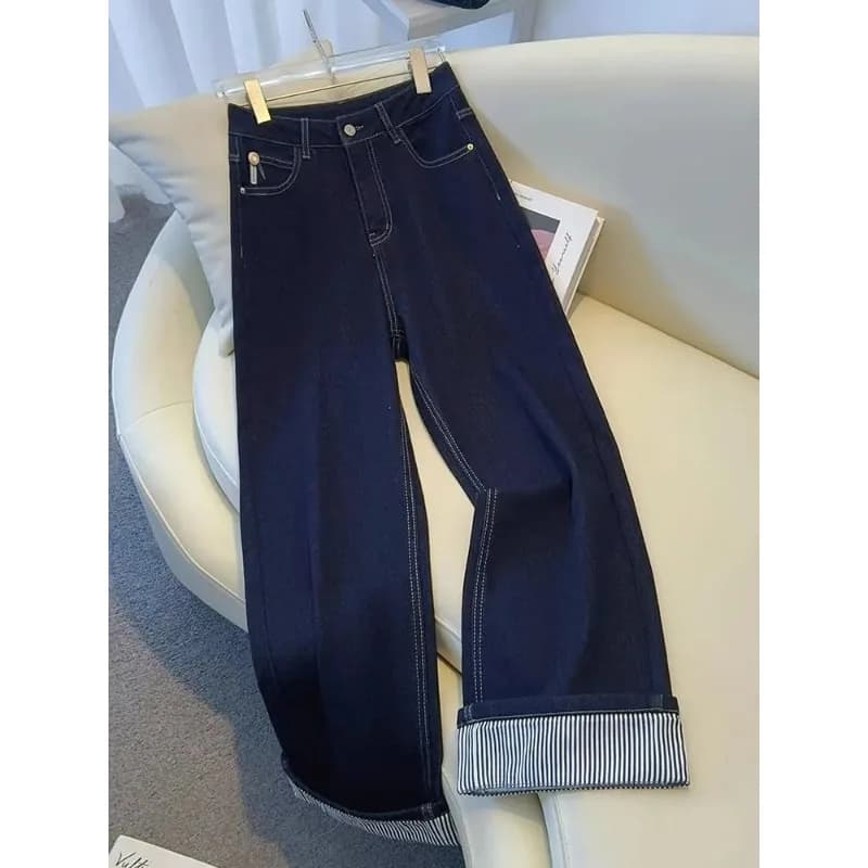 Women's Straight Leg Denim Jeans with Striped Cuff