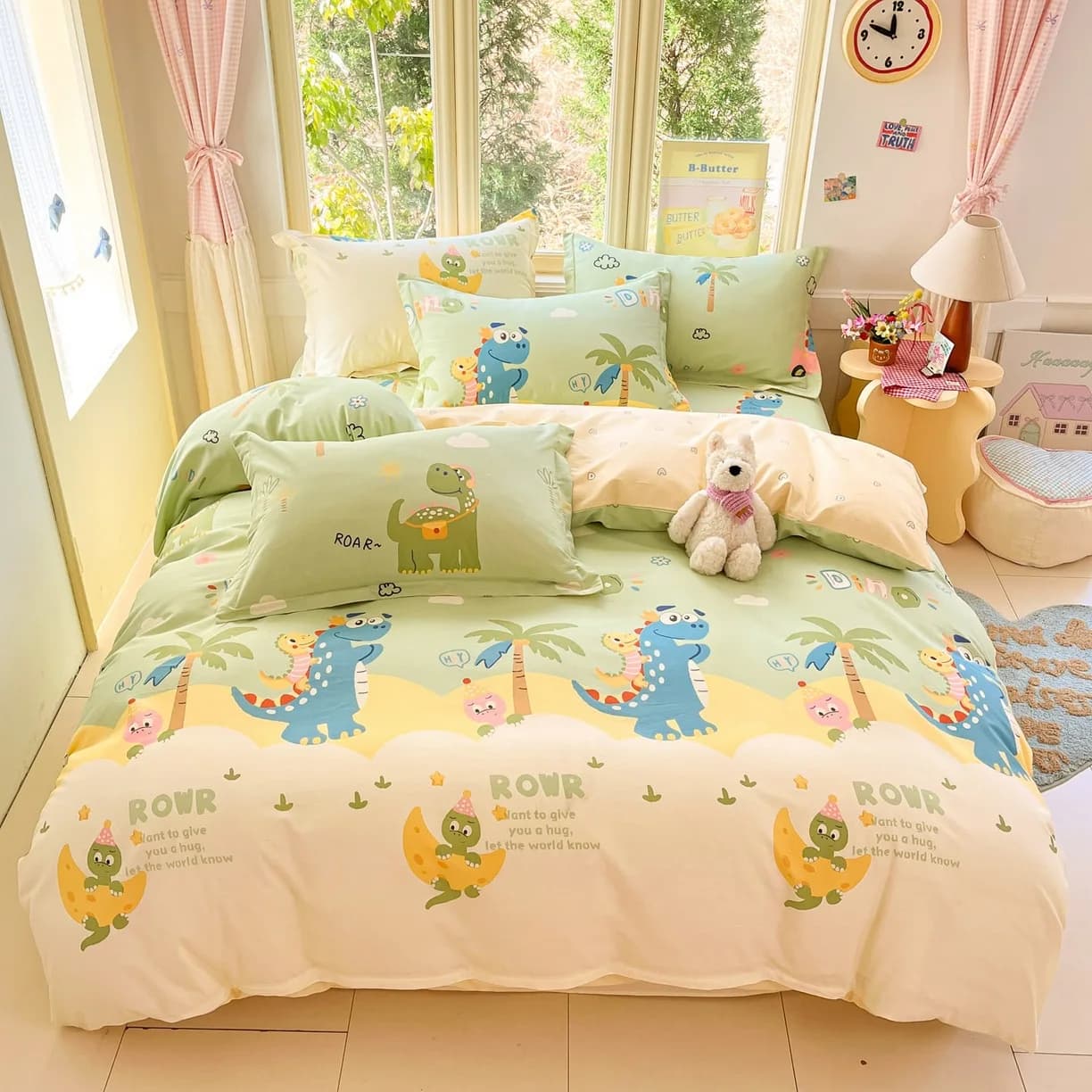 Cartoon Print 100% Cotton Bedding Sets Queen King Floral Duvet Cover Set with Flat Sheets and Pillowcase Single Double Bed Set