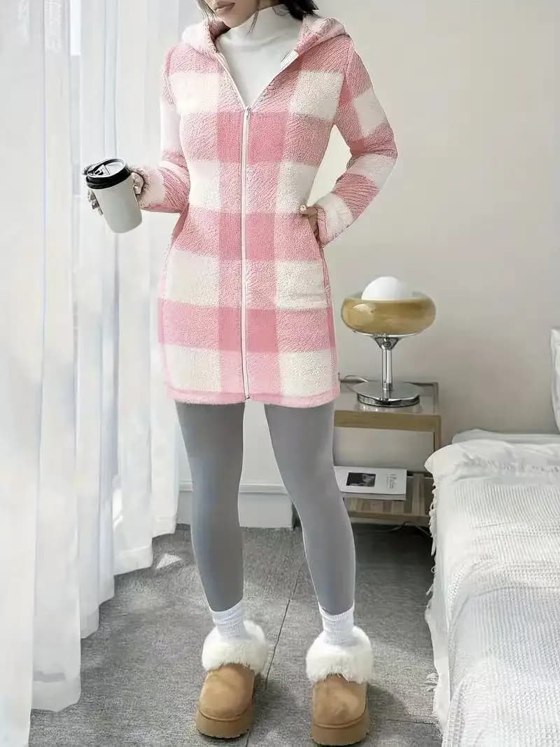 Women's Plaid Hooded Zip Cardigan Coat