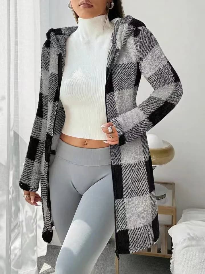 Women's Plaid Hooded Zip Cardigan Coat