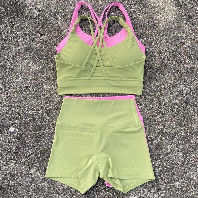 Yoga Shorts Set Gym Sports Set Women Workout Clothes 2 Piece Fitness Suit Cross Straps Bra High Waist Shorts Running Tracksuit
