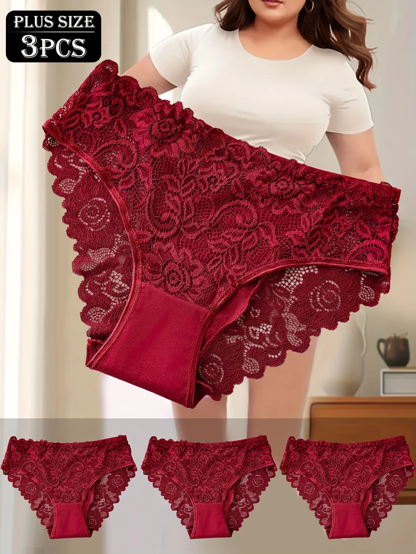 Plus-Size Lace Trim Underwear 3-Pack
