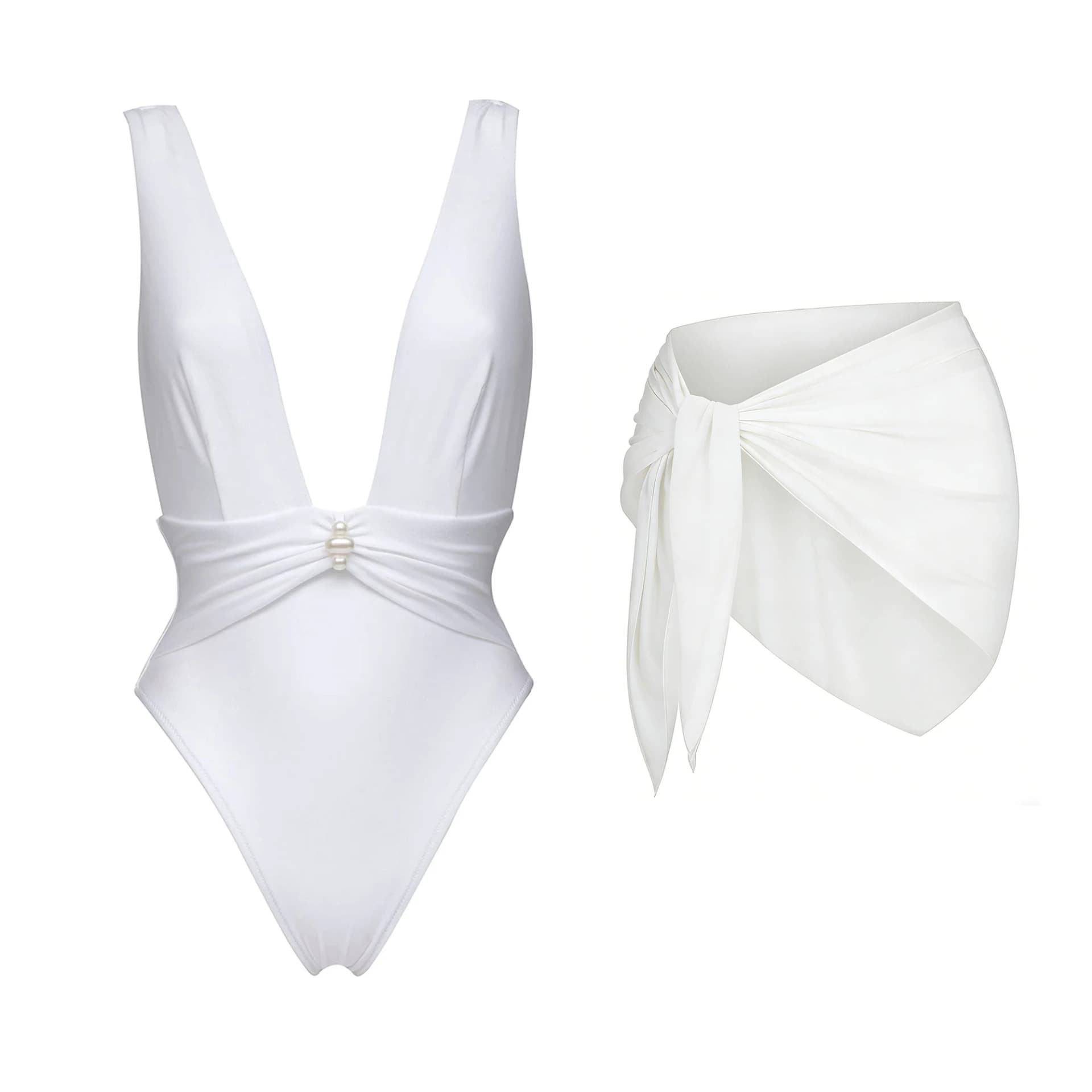 White Halter High-Leg Bikini With Skirt