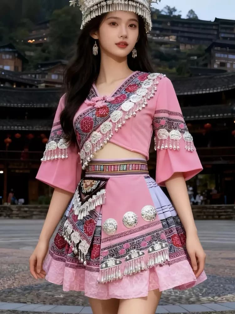 Traditional Folk Dance Costume Top and Skirt Set