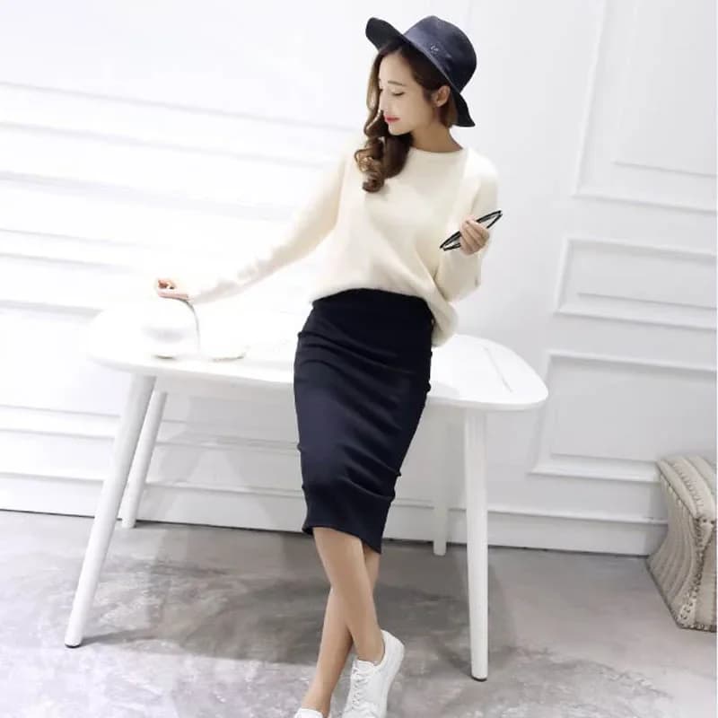 Women's Black Pencil Skirt Wool Rib Knit