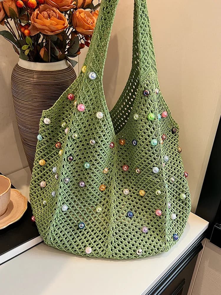 Knitted handbag, hand-held handmade woven bag, hollowed out casual small handbag, vest, large capacity crossbody bag