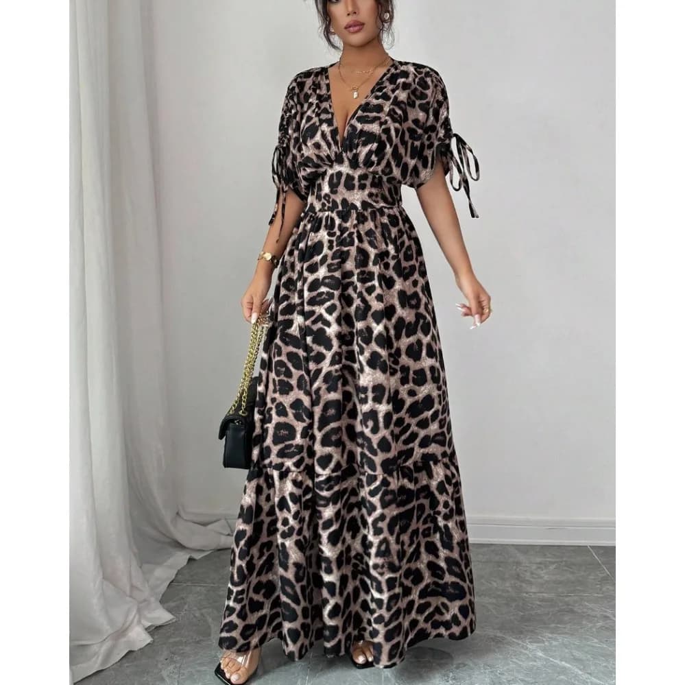 Leopard Print Maxi Dress with Drawstring Waist