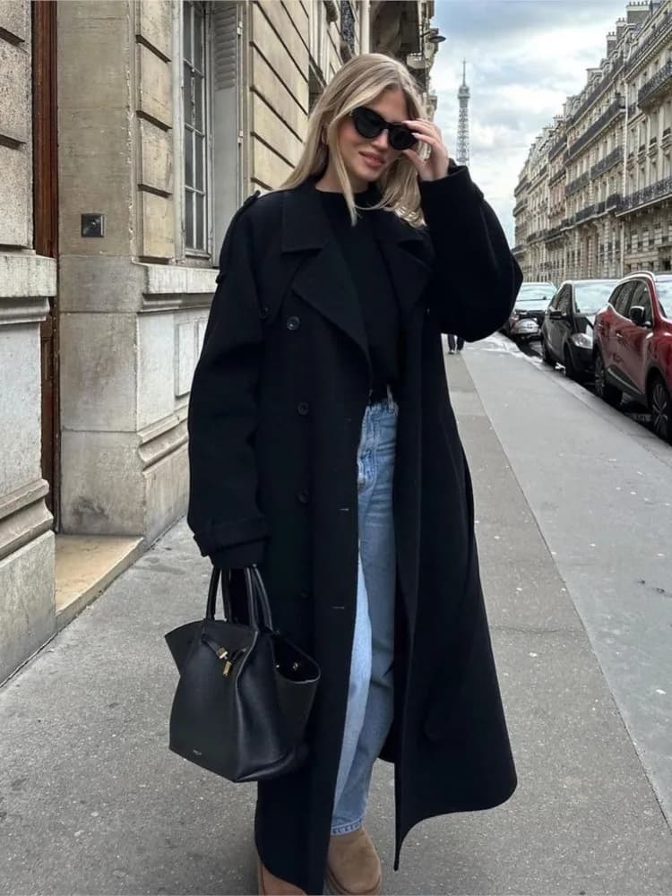 Wool Coat With Tailored Collar and Belt