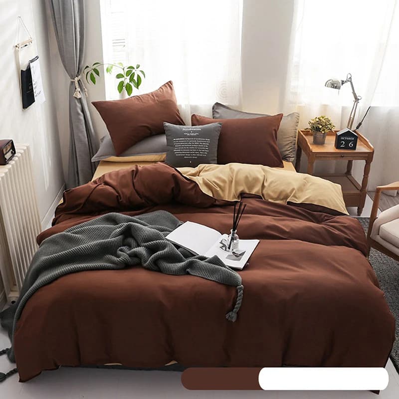 Simple Solid Sanding Bedding Set 4Pcs Two-Color Soft Bedclothes for Four Seasons Skin-Friendly Bedroom Decor for Adult Students
