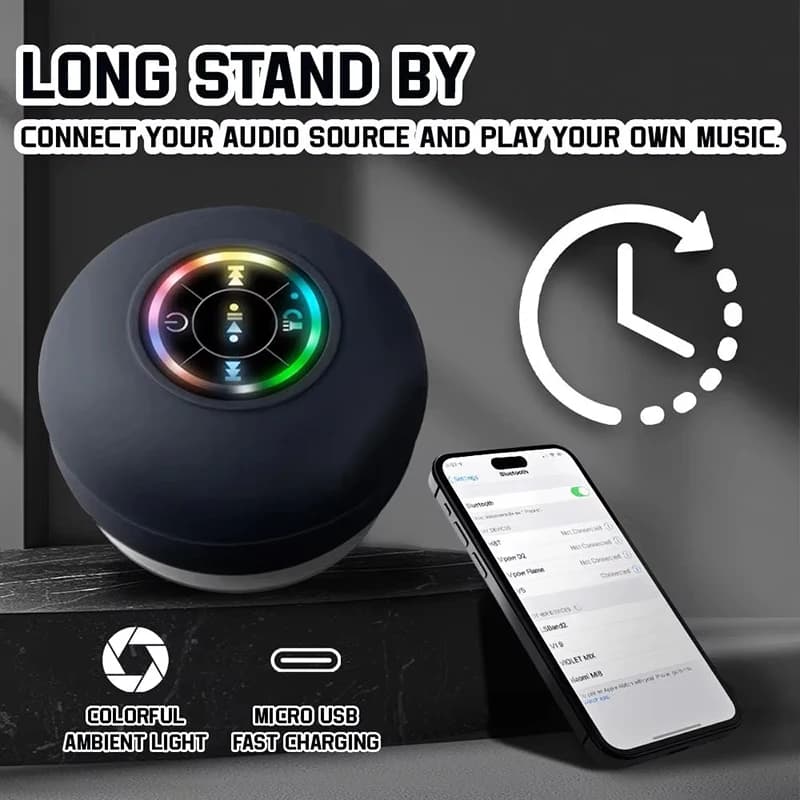 Bluetooth Speaker Portable Wireless Mini LED Speaker With Mic Suction Cup IPX4 Waterproof Resistant For Travel Outdoor Bathroom