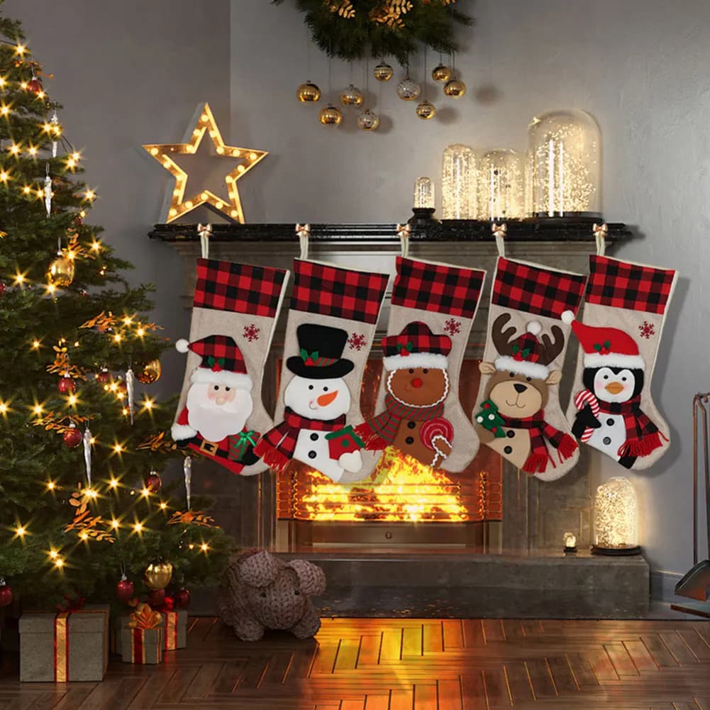 Christmas Stocking 19 Inch Plaid with 3D Plush Characters