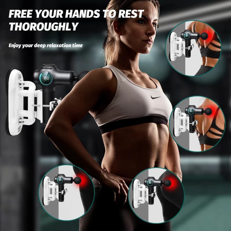 Hands-Free Massage Gun Holder with Double Suction Base, Adjustable Fascia Gun Mount for Muscle Recovery and Fitness Relaxation