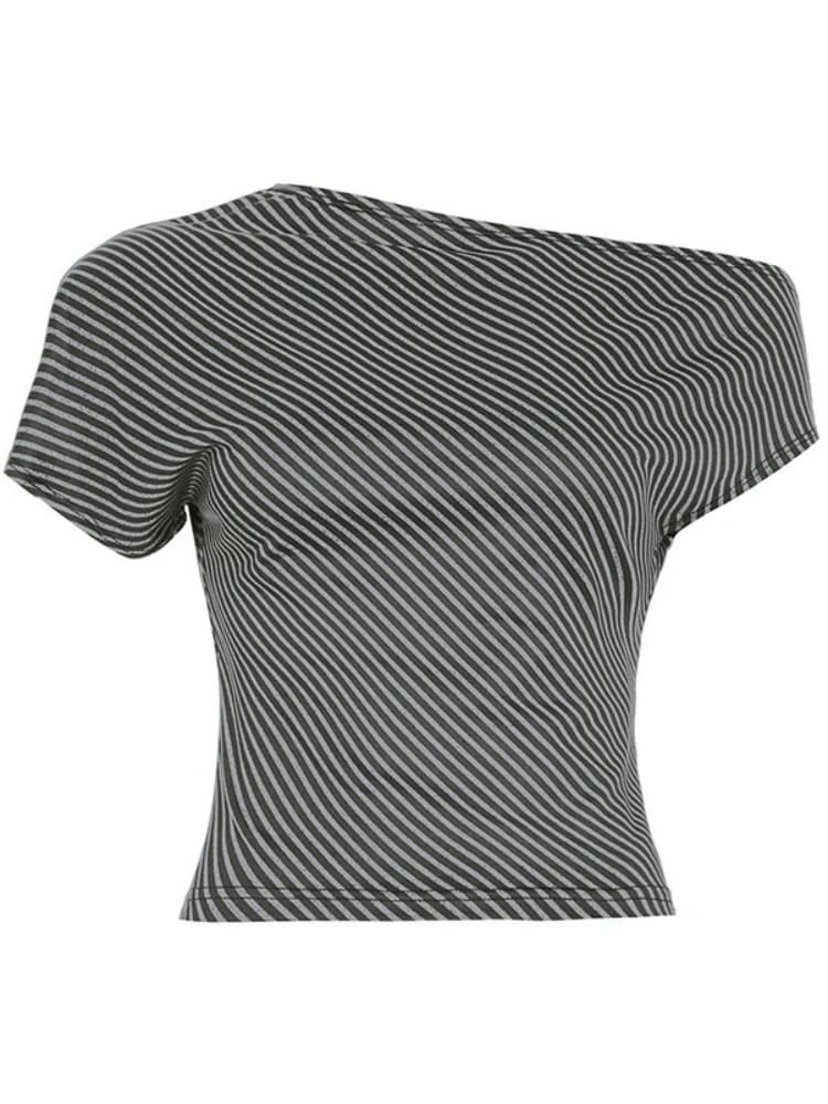 Striped Crop Top With Inclined Collar