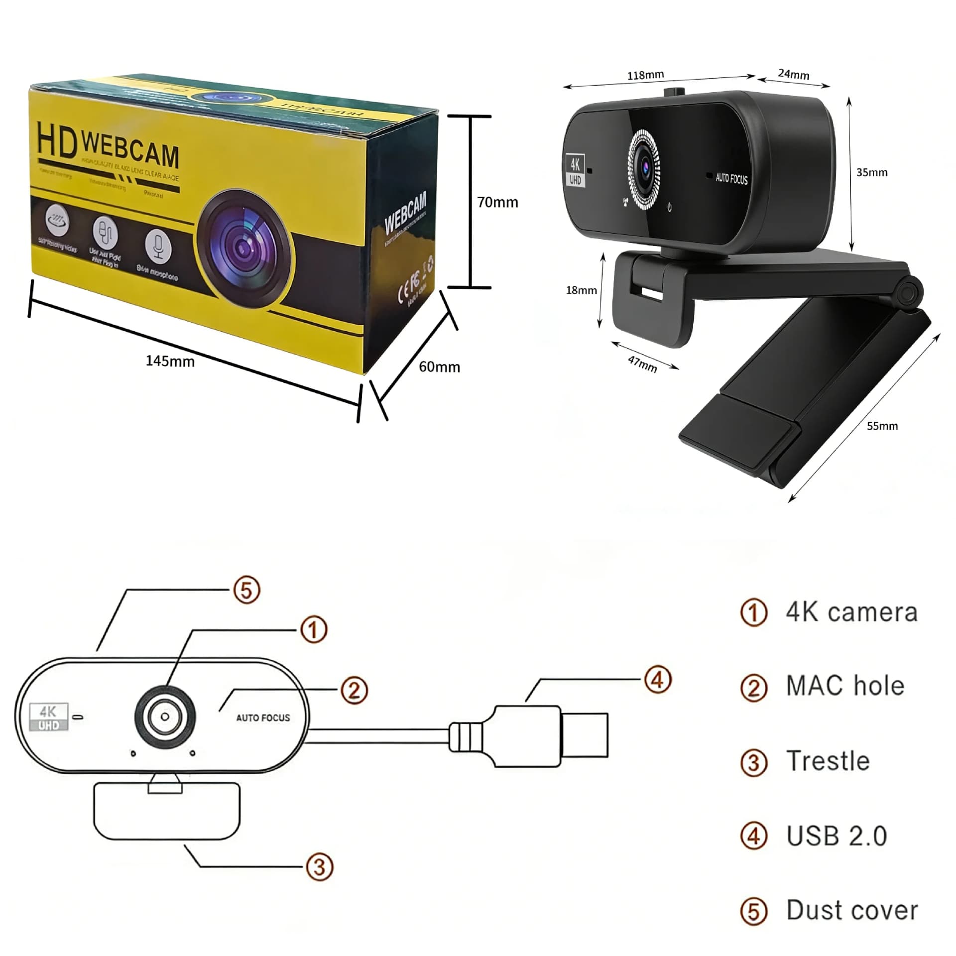 4K Webcam for PC 30fps Autofocus Web Camera With Noise Reducing Microphone Privacy Cover Auto Exposure USB 2.0 Type-C Adapter