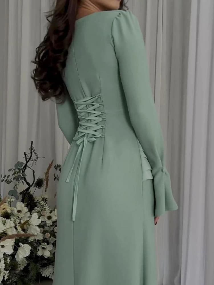 Draped Waist Maxi Dress with Flare Sleeves
