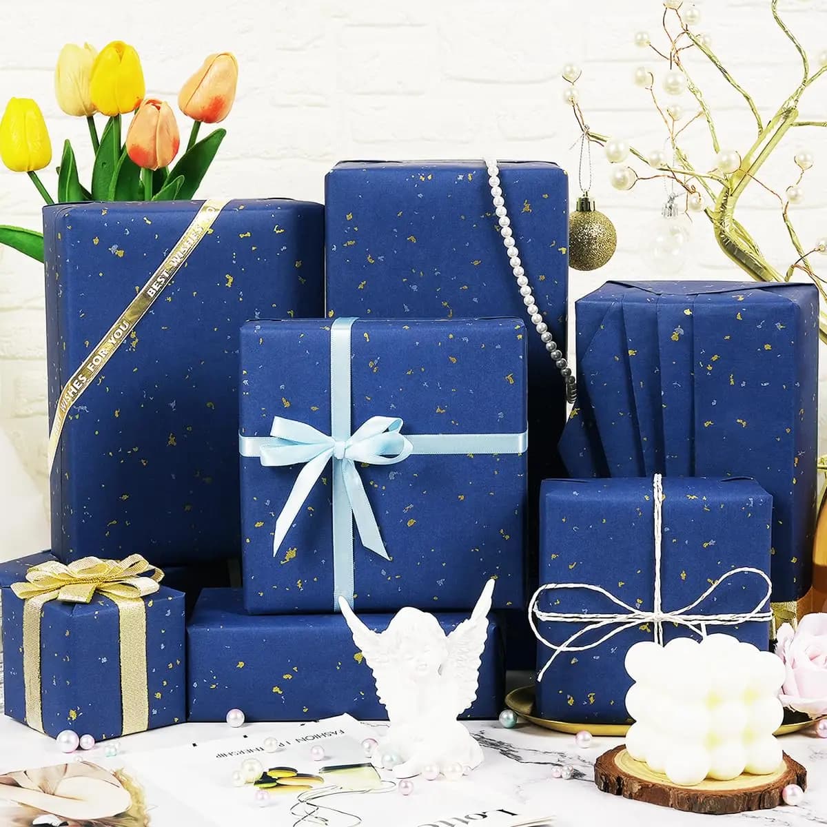 Navy Blue Gold Foil Gift Wrapping Paper Roll