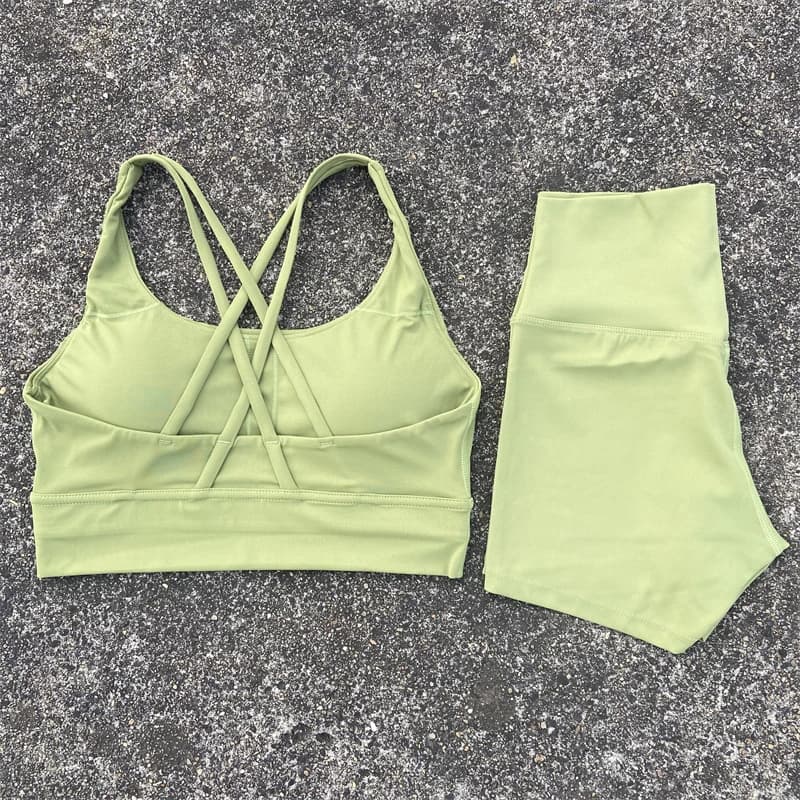 Yoga Shorts Set Gym Sports Set Women Workout Clothes 2 Piece Fitness Suit Cross Straps Bra High Waist Shorts Running Tracksuit