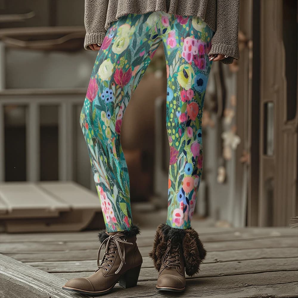 Colorful Blooming Flowers Pattern Women's Leggings Autumn Winter Warm Fashion Tights Stylish Outdoor Look Fashion Streetwear