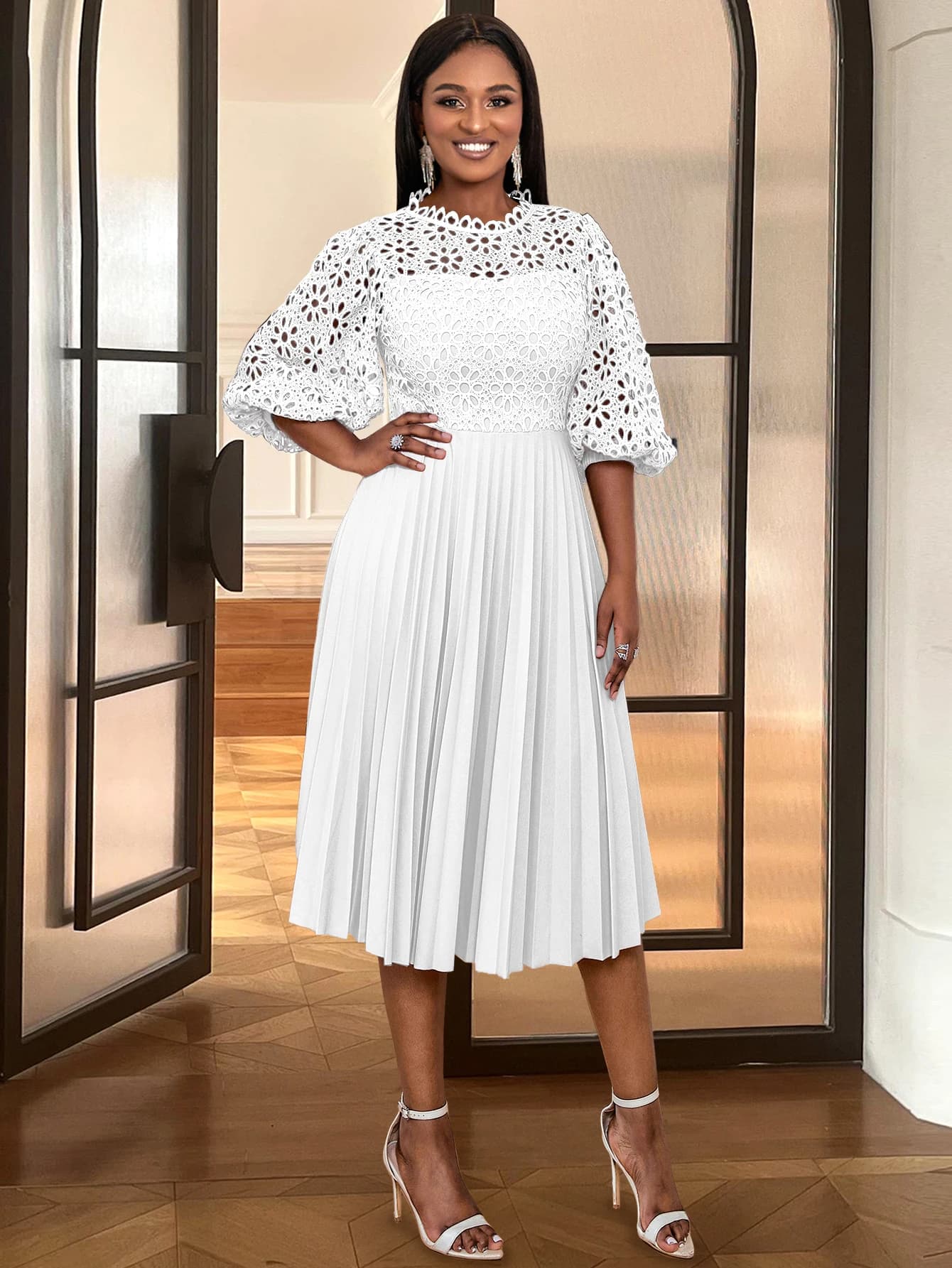White Lace Puff Sleeve Pleated A-Line Dress
