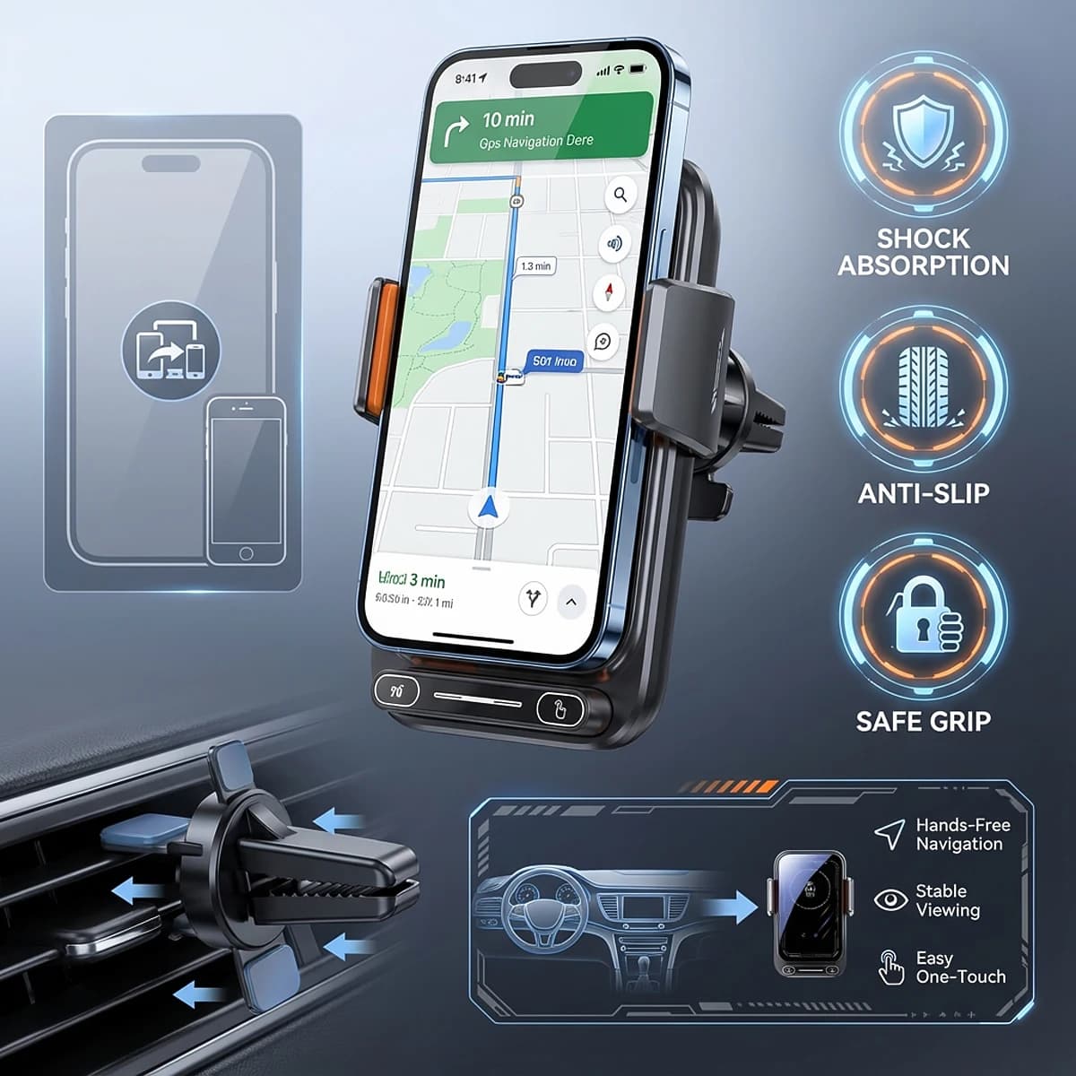 Car Phone Charger Phone Holder 15W Wireless & Wired Charger Auto Sensing One-Touch Release and Rotation