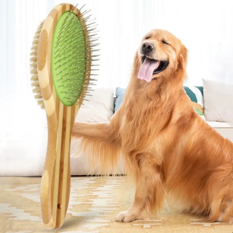 Bamboo Double-Sided Dog Brush with Stainless Steel Teeth
