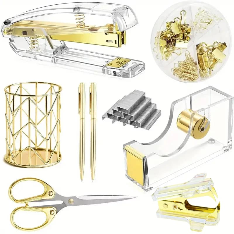 Complete Office Supplies Set -Acrylic Stapler Tape Holder Pen Holder Ballpoint Pens Scissors Binder Paper Clip Staples