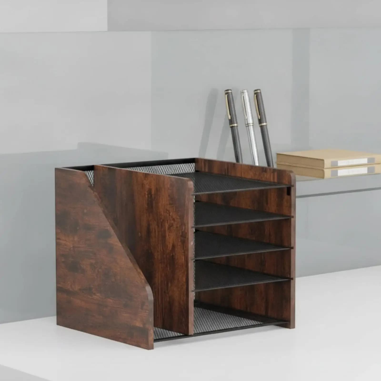 Wooden File Organizer Space Saving Desktop Shelf Organizer Large Desk Organizer for Home Workspace