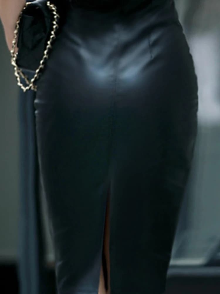 Black Leather Midi Pencil Skirt with Slit