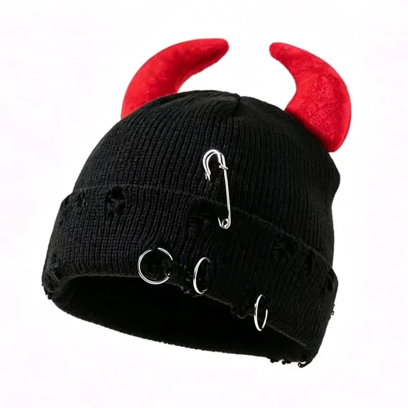 Devil Horn Knit Beanie with Ring Pin