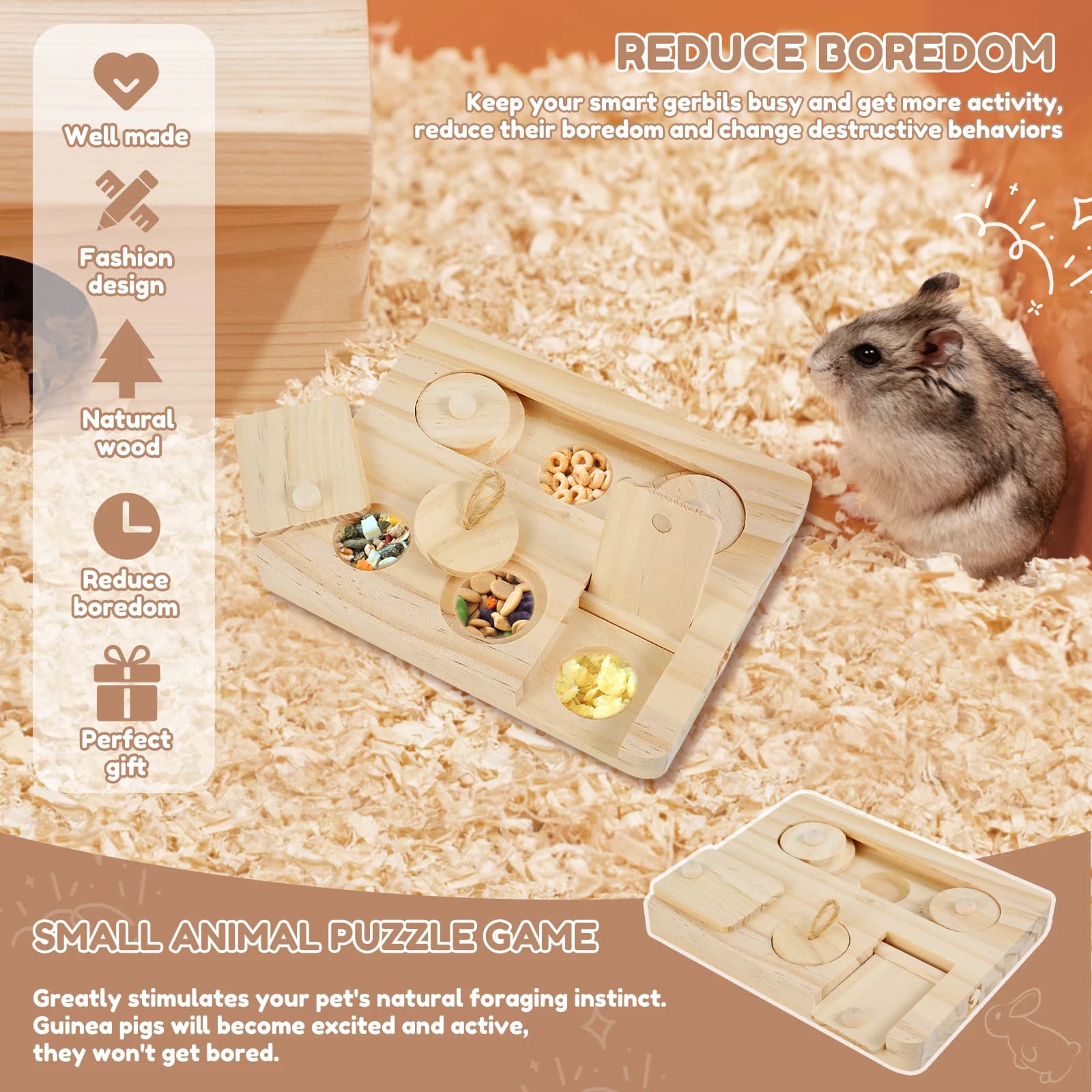Wooden Foraging Puzzle Toy for Small Pets