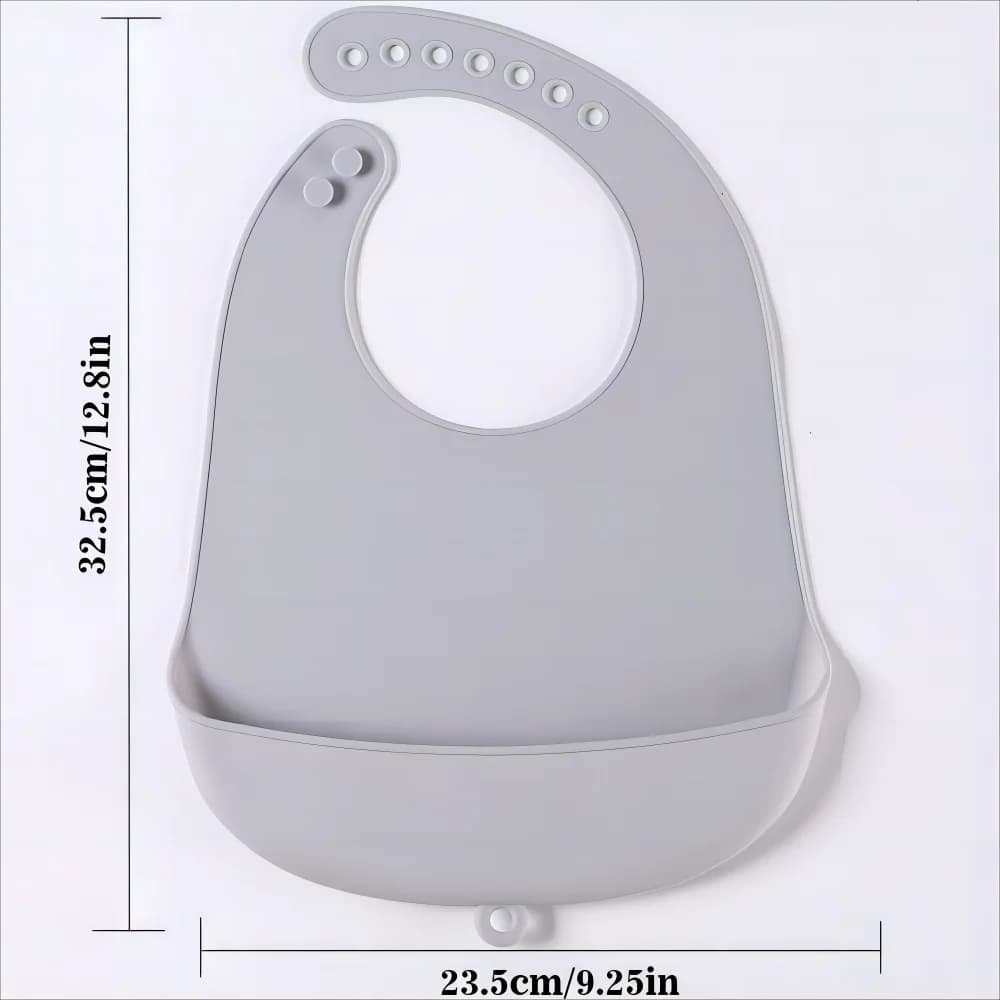 The baby feeding bib is made of silicone and has a water-resistant design. It is suitable for feeding purposes.