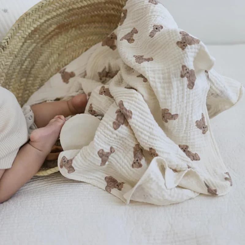 Baby Bath Towel 90cmX130cm Bear Print Blanket Muslin Breathable Infant Cotton Gauze Swaddle Wrap Bedding Baby Stroller Cover