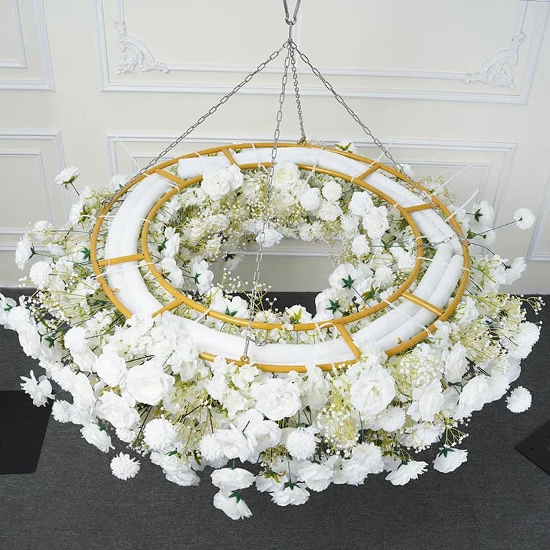 Wedding Backdrop Decor Ceiling Hanging Metal Round Hoop Frame, White Baby Breath, Rose Pompom, Floral Arrangement, Event Flower