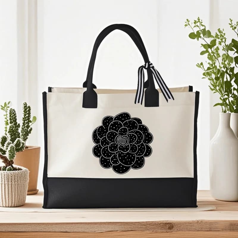 Cream and Black Floral Spiral Canvas Tote