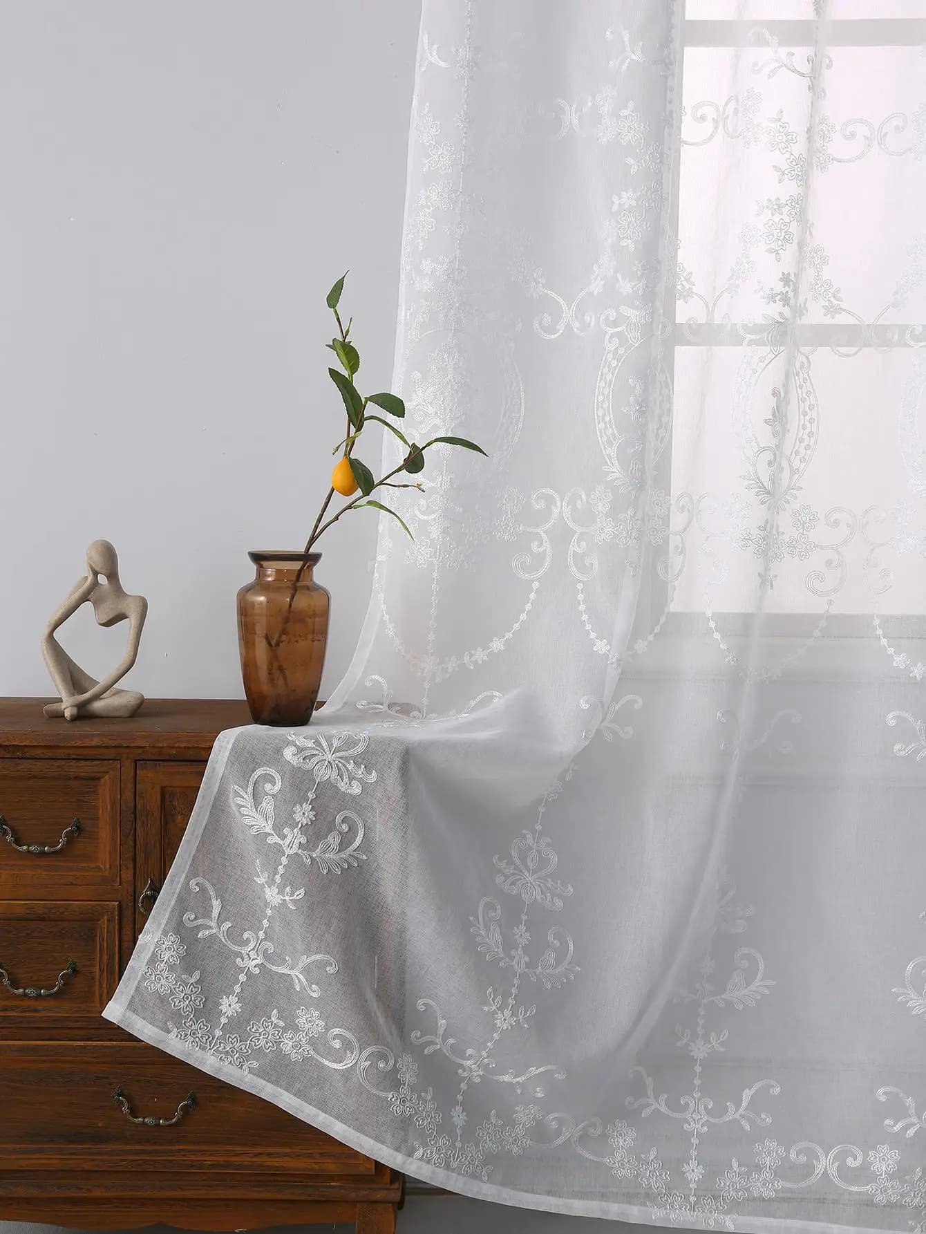 White Embroidered Floral Voile Sheer Curtains