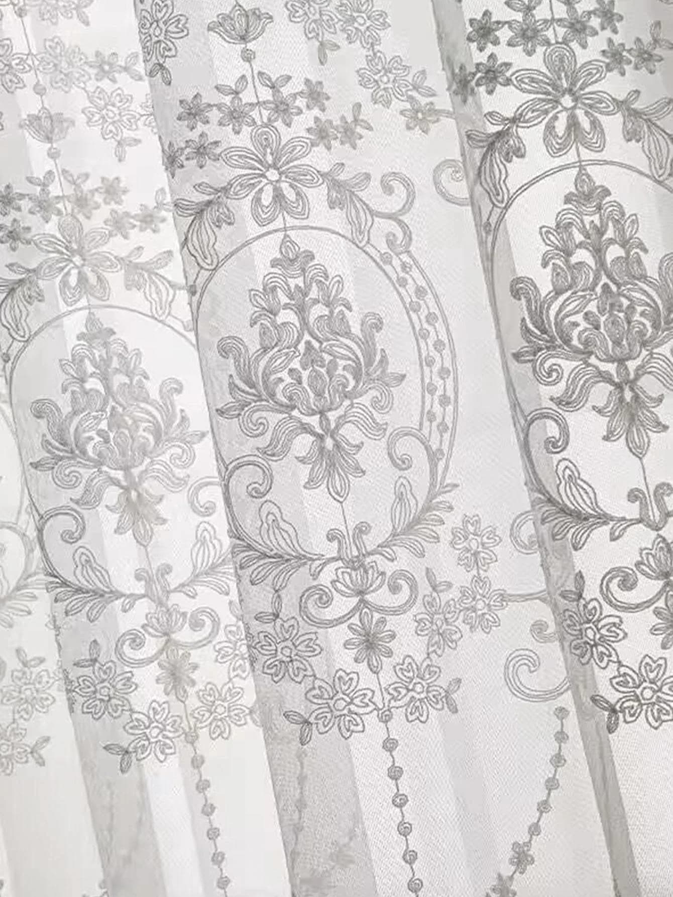 White Embroidered Floral Voile Sheer Curtains