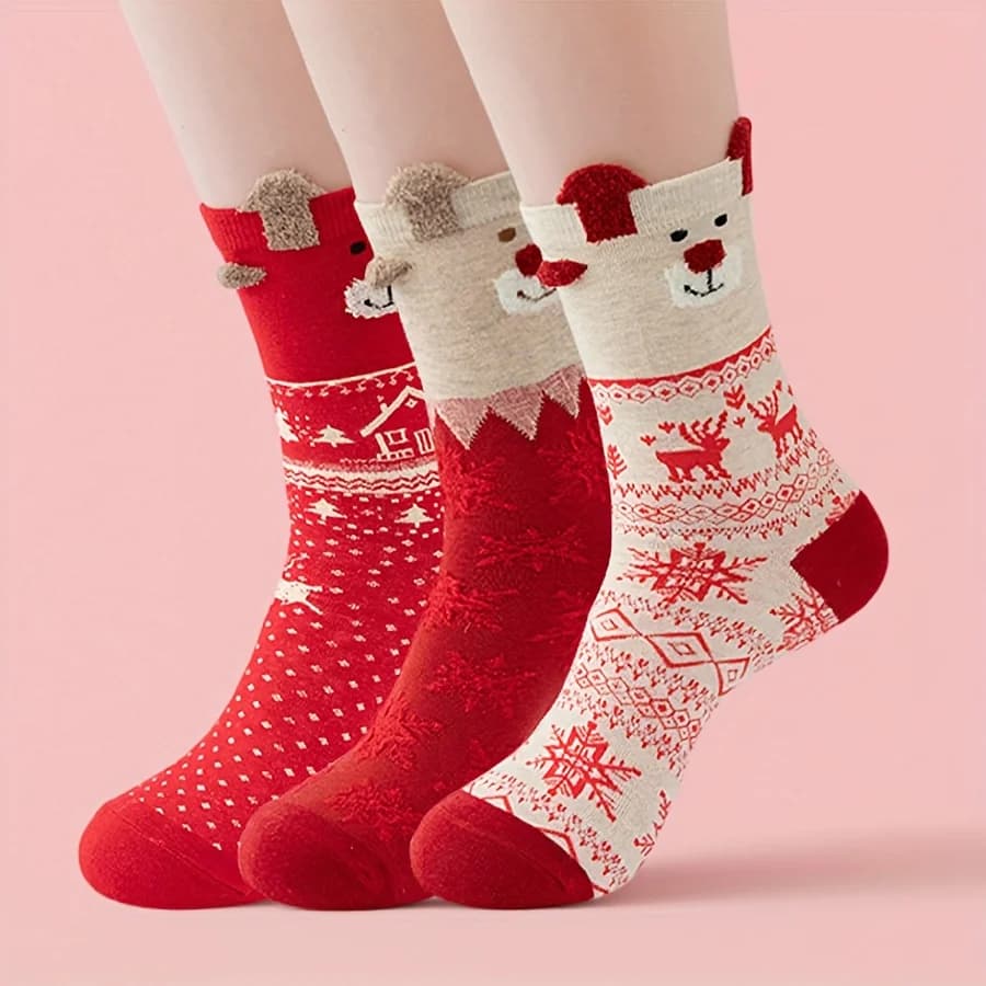 Women's Christmas Cartoon Long Socks, 3-Pair Set