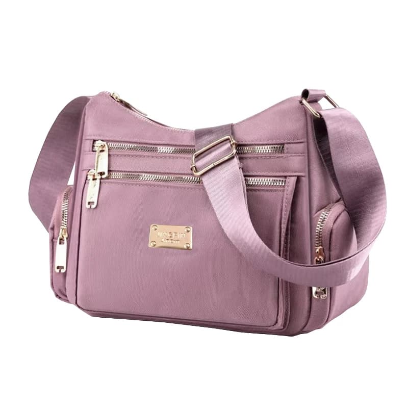 Women's handbag in various colors, multi-layered with zippers, can be worn diagonally or carried on the shoulder.
