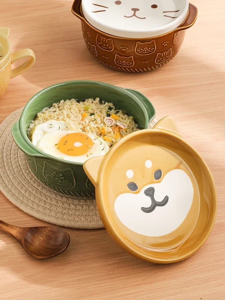 Ceramic Cat and Dog Noodle Bowls with Lids